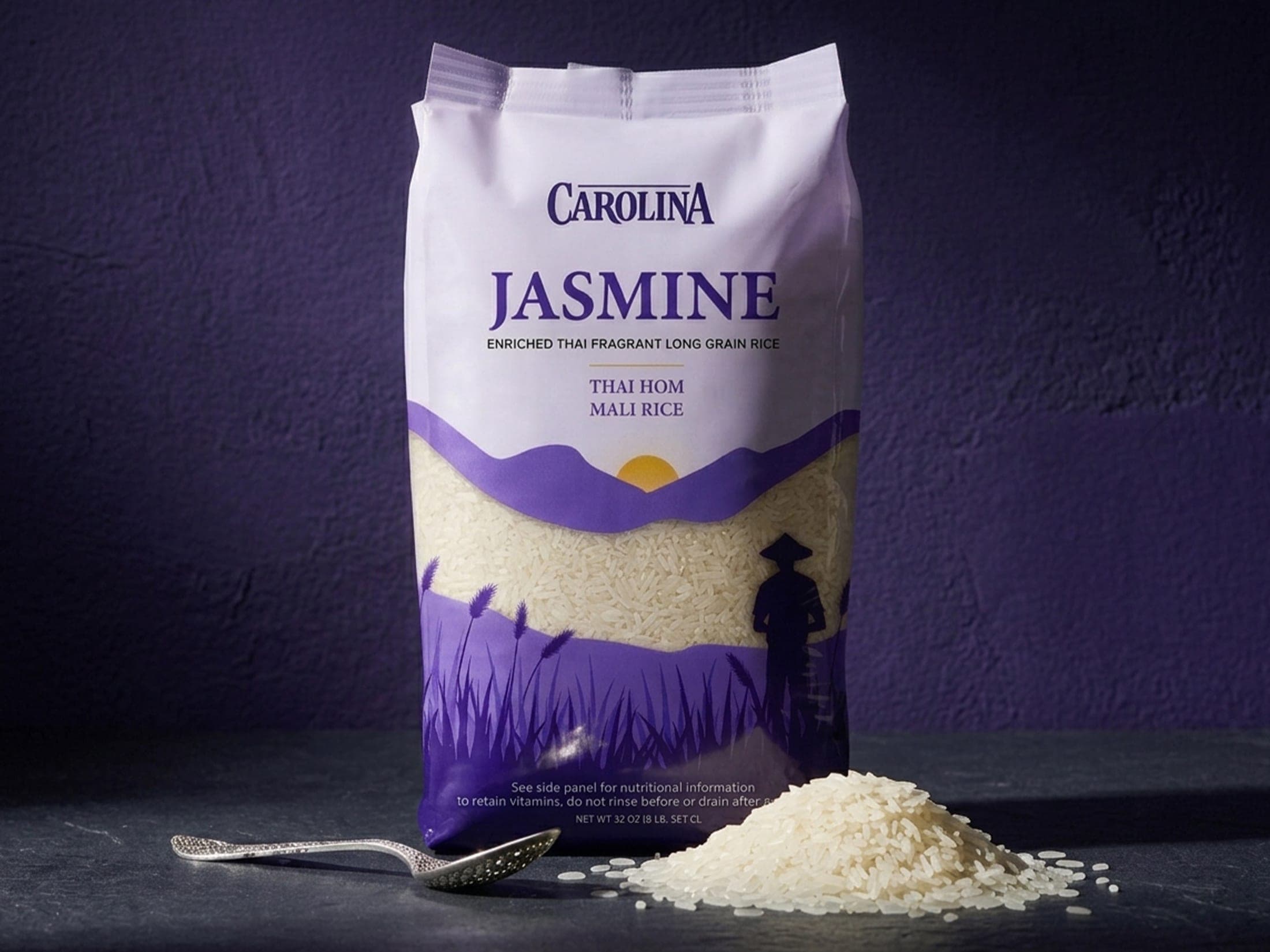 Carolina Jasmine Rice pouch standing against a dark purple backdrop with a spoon and scattered grains